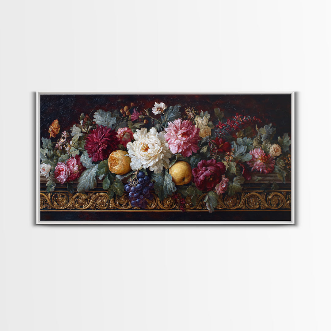 Floral Garland Surrounding a Classical Profile Canvas Print, Renaissanceinspired Art, Home Altar, Living Room Decor, Classic, REN-2x1-18