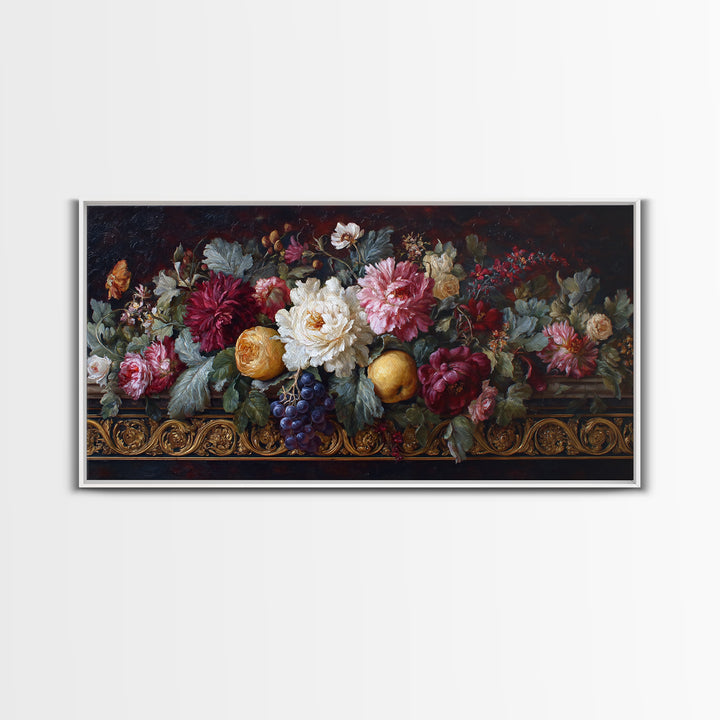 Floral Garland Surrounding a Classical Profile Canvas Print, Renaissanceinspired Art, Home Altar, Living Room Decor, Classic, REN-2x1-18