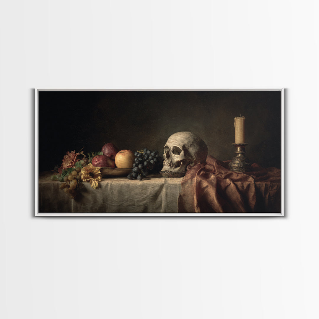 Old Master Skull and Candle Still Life Framed Canvas Print, Renaissanceinspired Art, Classic Art, Living Room Decor, Classic, REN-2x1-30