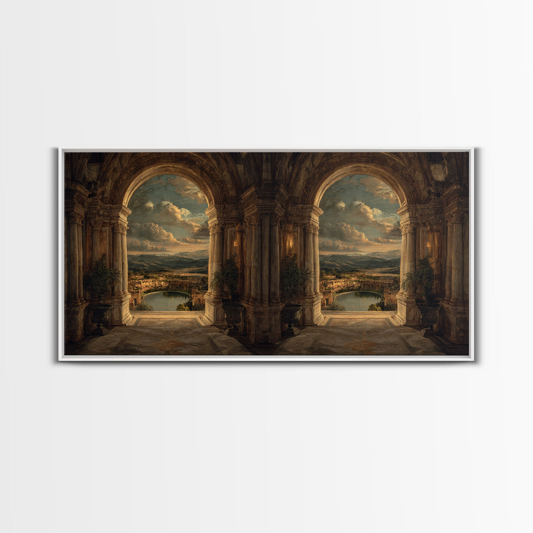Architectural Arch with Italian Landscape Beyond Canvas Print, Renaissanceinspired Art, Cat Painting, Living Room Decor, REN-2x1-79