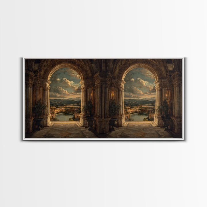 Architectural Arch with Italian Landscape Beyond Canvas Print, Renaissanceinspired Art, Cat Painting, Living Room Decor, REN-2x1-79