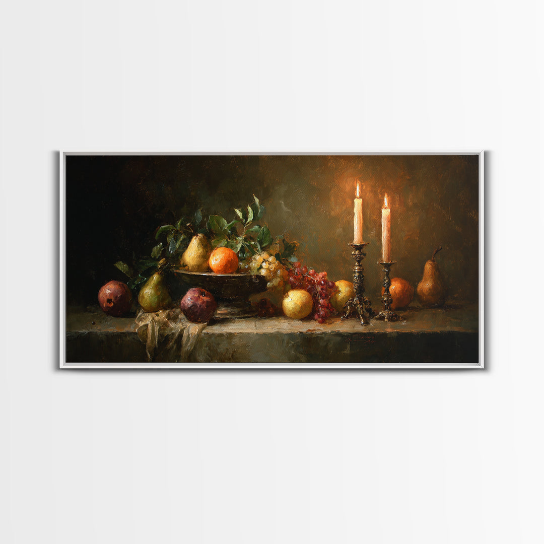 Oil Painted Fruit Still Life on Dark Framed Canvas Print, Renaissanceinspired Art, Fantasy Decor, Living Room Decor, Classic, REN-2x1-95