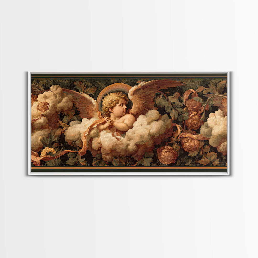 Cherub Holding a Ribbon Among Clouds Canvas Print, Renaissanceinspired Art, Living Room Decor, Watercolor Art, Classic, REN-2x1-98