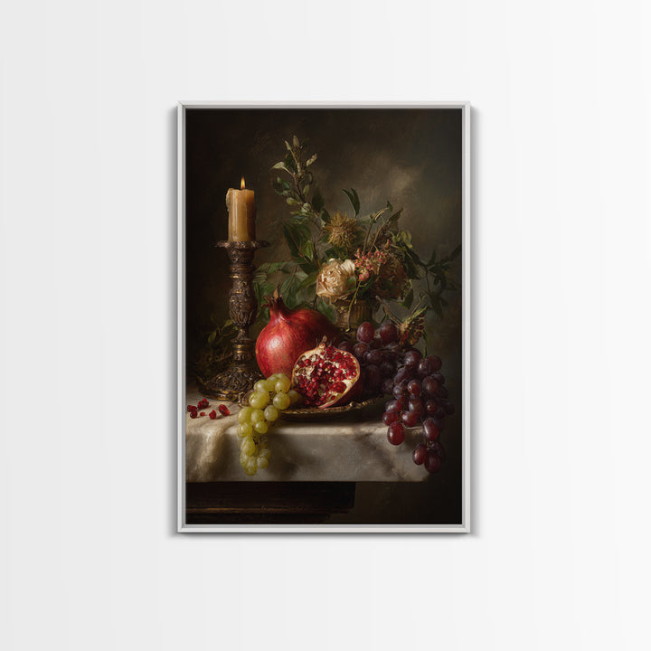 Pomegranate and Grapes on Marble Ledge Framed Canvas Print, Renaissanceinspired Art, Home Decor, Living Room Decor, Classic, REN-2x3-1
