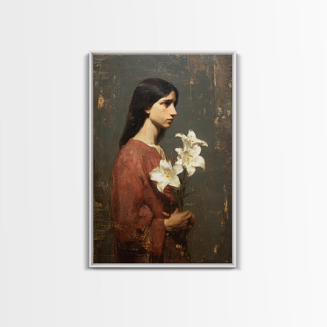 Saint Like Figure Holding White Lilies Framed Canvas Print, Renaissanceinspired Art, Classic Art, Living Room Decor, Classic, REN-2x3-21