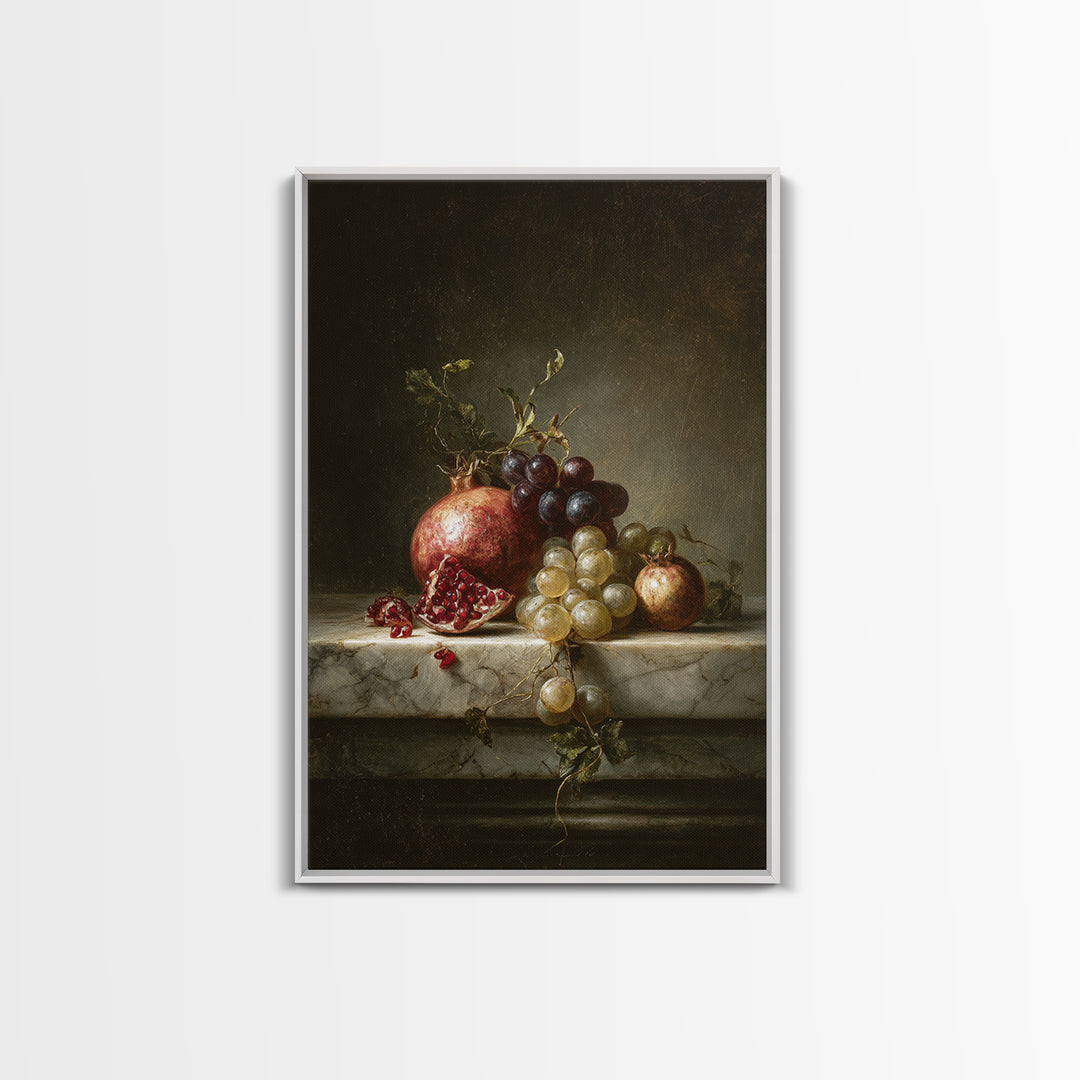 Pomegranate and Grapes on Marble Ledge Canvas Print, Renaissanceinspired Art, Statement Artwork, Living Room Decor, Classic, REN-2x3-49
