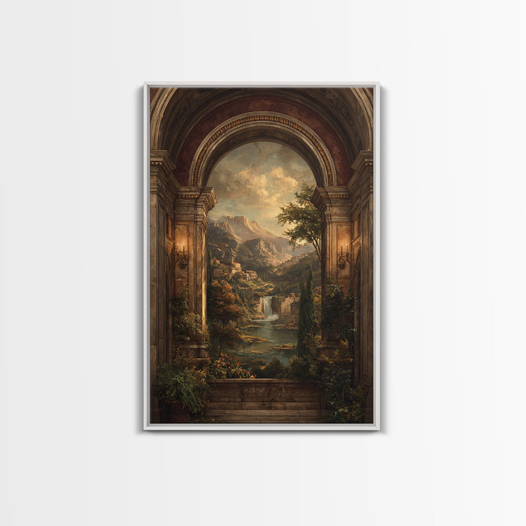 Architectural Arch with Italian Landscape Beyond Canvas Print, Renaissanceinspired Art, Floral Painting, Living Room Decor, REN-2x3-67