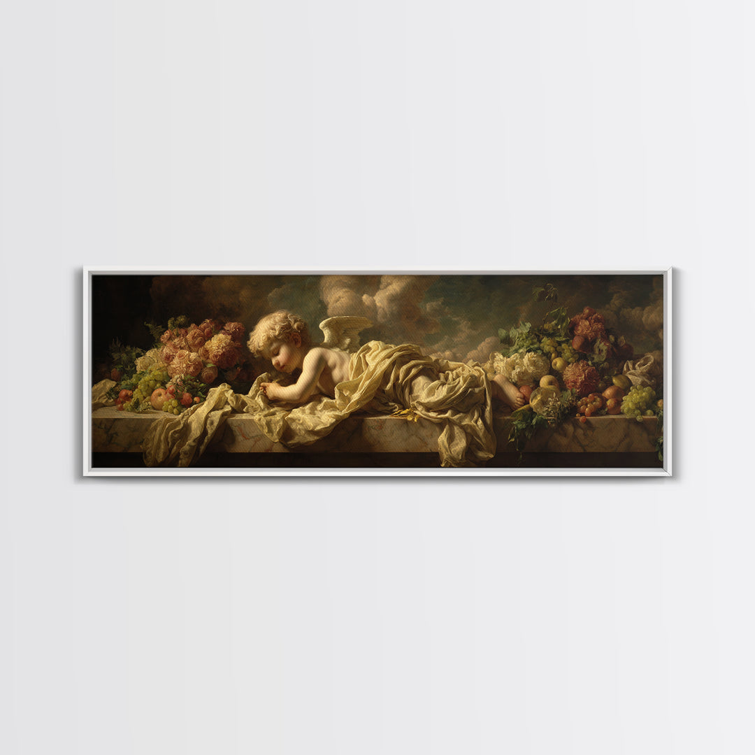 Cherub Holding a Ribbon Among Clouds Canvas Print, Renaissanceinspired Art, Elegant Home Decor, Living Room Decor, Abstract Art, REN-3x1-22