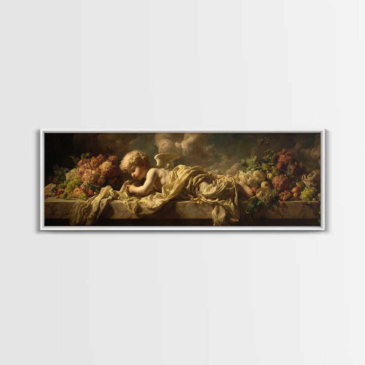 Cherub Holding a Ribbon Among Clouds Canvas Print, Renaissanceinspired Art, Elegant Home Decor, Living Room Decor, Abstract Art, REN-3x1-22