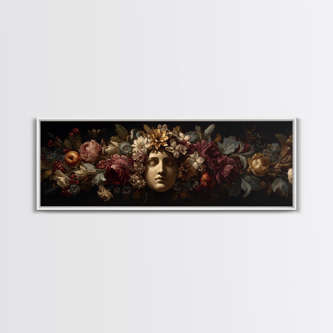 Floral Garland Surrounding a Classical Profile Canvas Print, Renaissanceinspired Art, Painting from Photo, Living Room Decor, REN-3x1-62