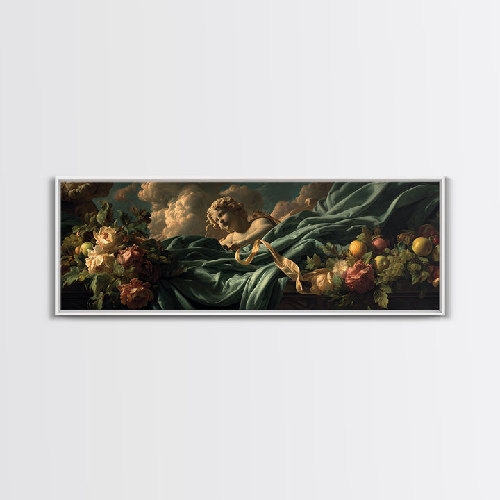 Cherub Holding a Ribbon Among Clouds Canvas Print, Renaissanceinspired Art, Elegant Home Decor, Living Room Decor, Oil Painting, REN-3x1-70