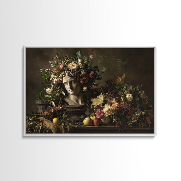 Floral Garland Surrounding a Classical Profile Canvas Print, Renaissanceinspired Art, Minimalist Decor, Living Room Decor, REN-3x2-26
