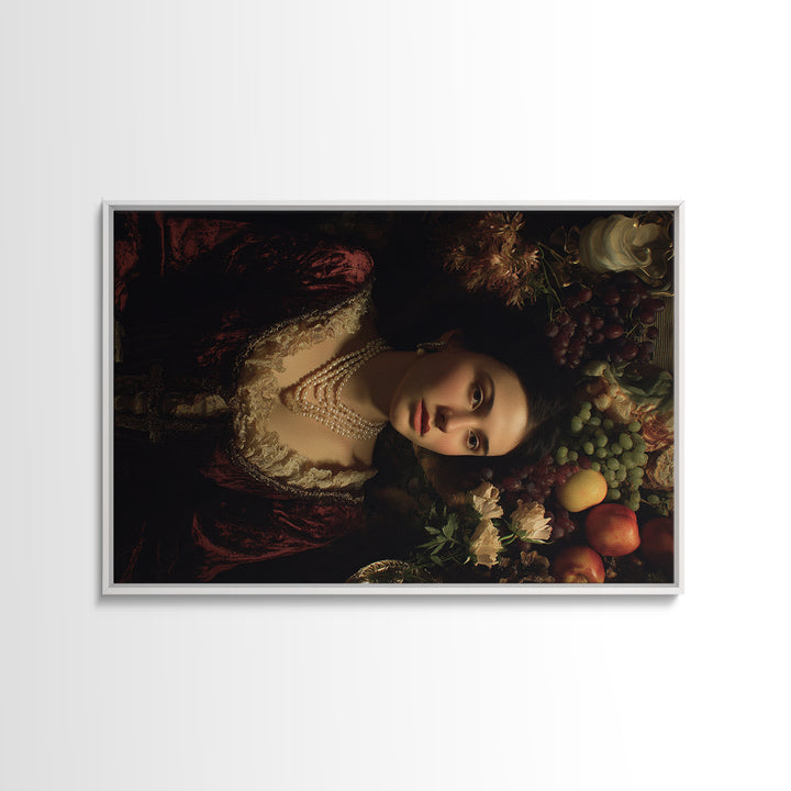 Portrait with Pearl Necklace and Velvet Dress Canvas Print, Renaissanceinspired Art, Wall Art, Living Room Decor, Classic, REN-3x2-40