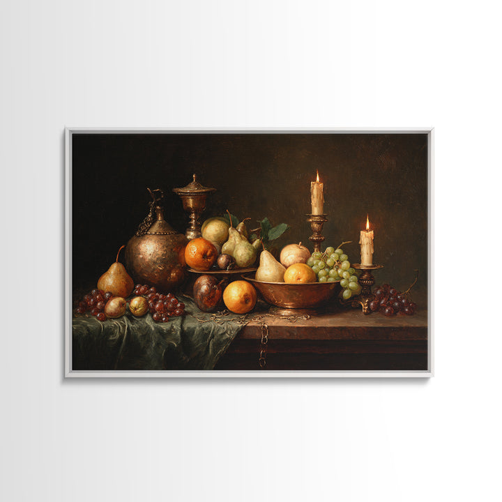 Oil Painted Fruit Still Life on Dark Canvas Print, Renaissanceinspired Art, Yoga Wall Art, Living Room Decor, Classic, REN-3x2-55
