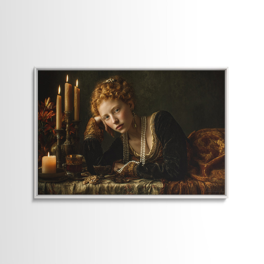 Portrait with Pearl Necklace and Velvet Dress Canvas Print, Renaissanceinspired Art, Cat Art, Living Room Decor, Classic, REN-3x2-64