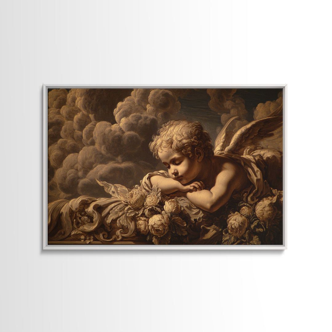 Cherub Holding a Ribbon Among Clouds Framed Canvas Print, Renaissanceinspired Art, Cat Art, Living Room Decor, Oil Painting, REN-3x2-82