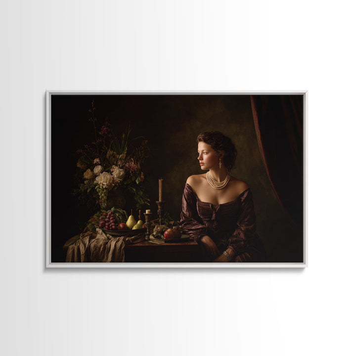 Portrait with Pearl Necklace and Velvet Dress Canvas Print, Renaissanceinspired Art, Living Room Art, Living Room Decor, REN-3x2-88
