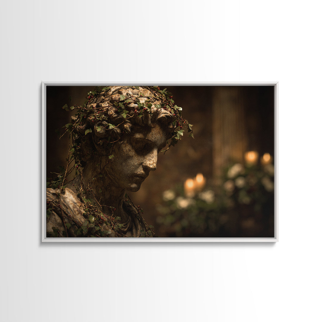 Classical Statue Bust Covered Framed Canvas Print, Renaissanceinspired Art, Floral Print, Living Room Decor, Fine Art, Classic, REN-3x2-95