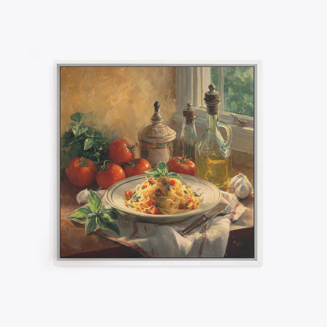 Fresh Pasta with Tomatoes and Basil Framed Canvas Print, Restaurant Art, Canvas Print, Restaurant Decor, Fine Art, Bistro, RES-1x1-2