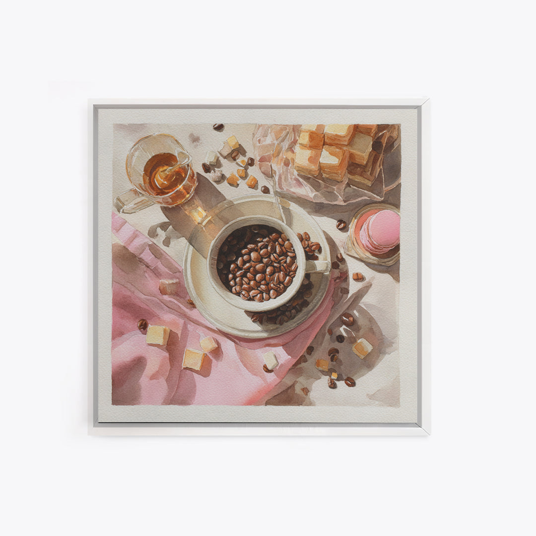 Coffee Beans and Pastry Arrangement Canvas Print, Restaurant Art, Watercolor Painting, Restaurant Decor, Oil Painting, Bistro, RES-1x1-22