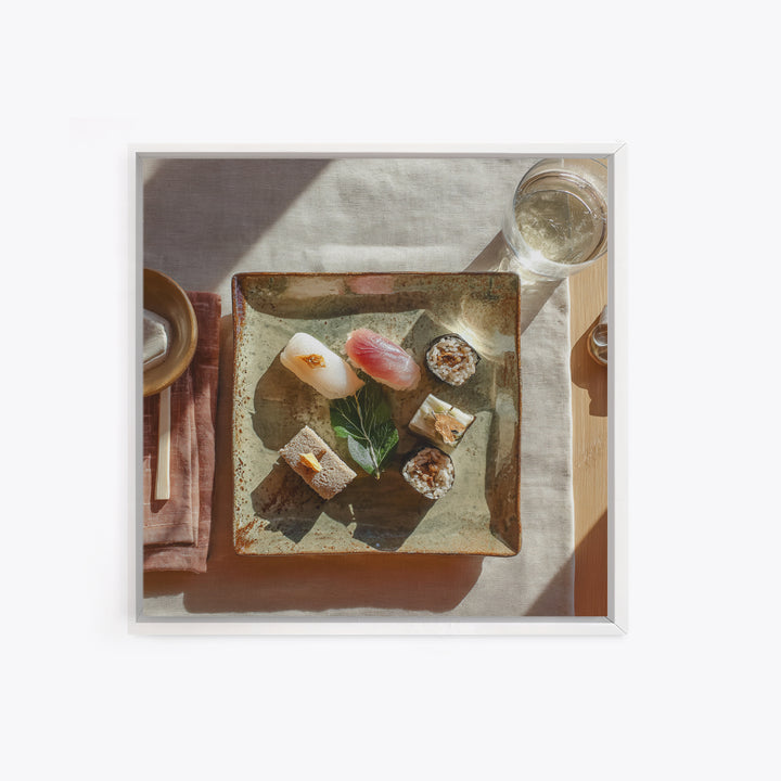 Sushi Fish and Ceramic Plate Composition Framed Canvas Print, Restaurant Art, Textured Painting, Restaurant Decor, Bistro, RES-1x1-29