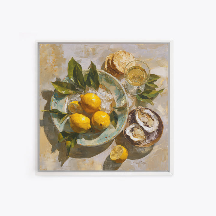 Oyster Platter with Lemons and Champagne Canvas Print, Restaurant Art, Kitchen Wall Art, Restaurant Decor, Abstract Art, Bistro, RES-1x1-3
