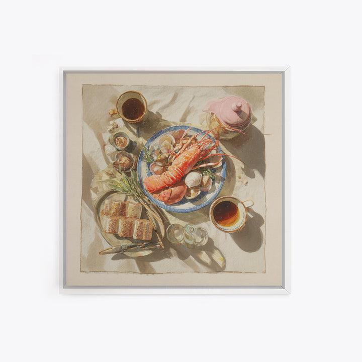 Seafood Lobster and Shell Arrangement Framed Canvas Print, Restaurant Art, Gallery Decor, Restaurant Decor, Fine Art, Bistro, RES-1x1-32