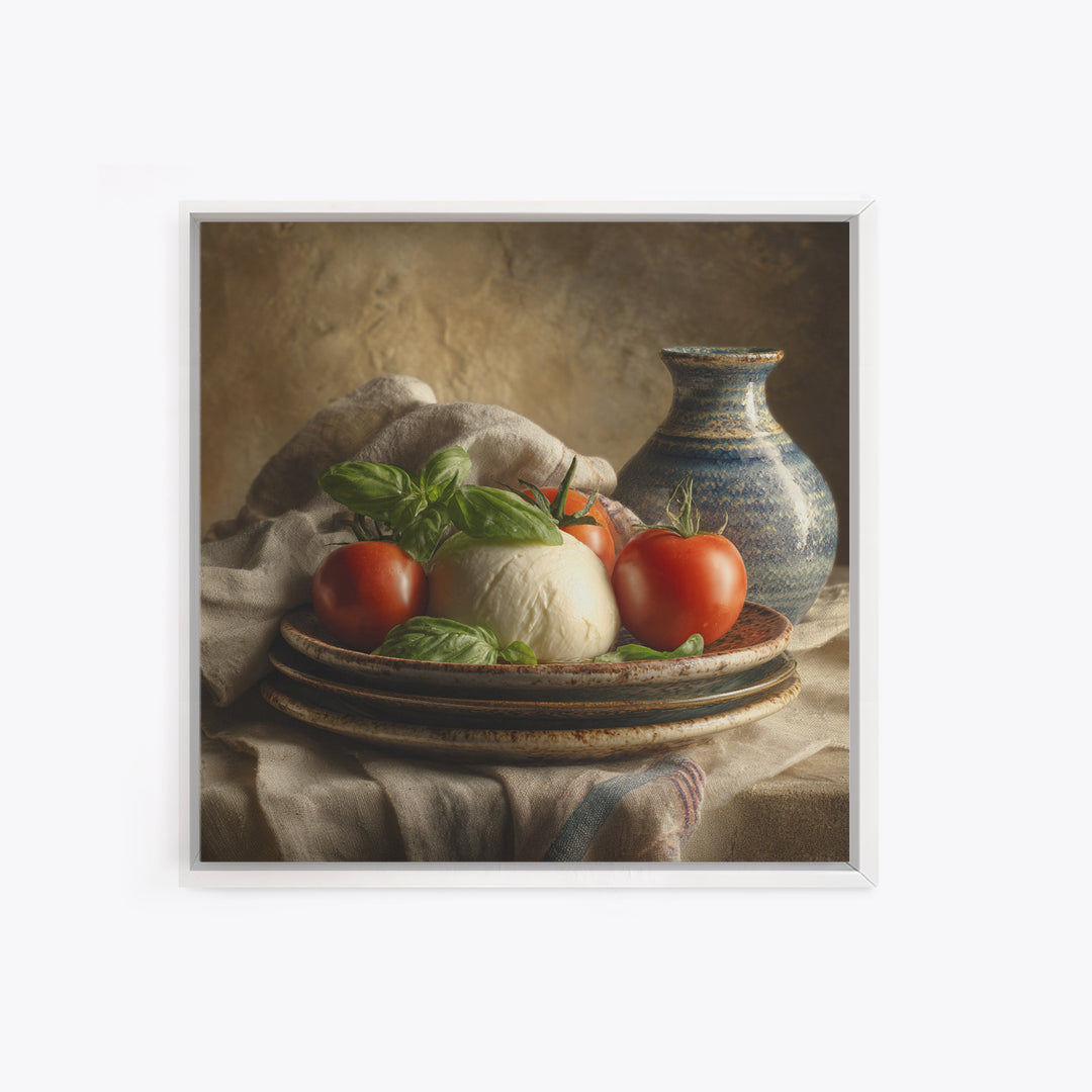 Pizzeria Tomato Basil and Mozzarella Still Life Framed Canvas Print, Restaurant Art, Bar Decor, Restaurant Decor, RES-1x1-34