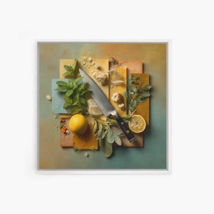 Chef Knife Herbs and Cutting Board Still Framed Canvas Print, Restaurant Art, Boho Decor, Restaurant Decor, Oil Painting, RES-1x1-37