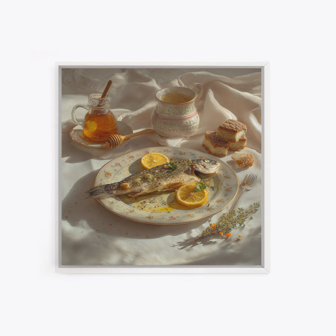 Fresh Fish with Lemon and Herbs Framed Canvas Print, Restaurant Art, Kitchen Art, Restaurant Decor, Fine Art, Bistro, RES-1x1-47