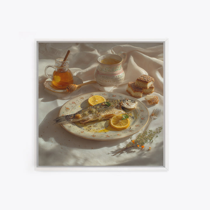 Fresh Fish with Lemon and Herbs Framed Canvas Print, Restaurant Art, Kitchen Art, Restaurant Decor, Fine Art, Bistro, RES-1x1-47