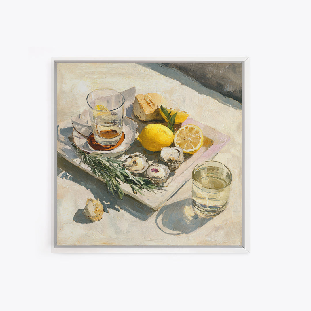 Oyster Platter with Lemons and Champagne Framed Canvas Print, Restaurant Art, Food Art, Restaurant Decor, Oil Painting, Bistro, RES-1x1-51