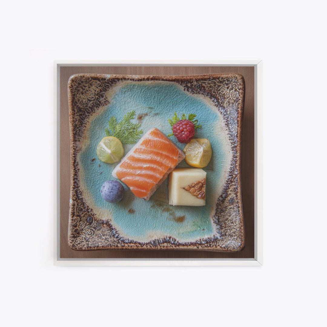 Sushi Fish and Ceramic Plate Composition Framed Canvas Print, Restaurant Art, Textured Painting, Restaurant Decor, Bistro, RES-1x1-53