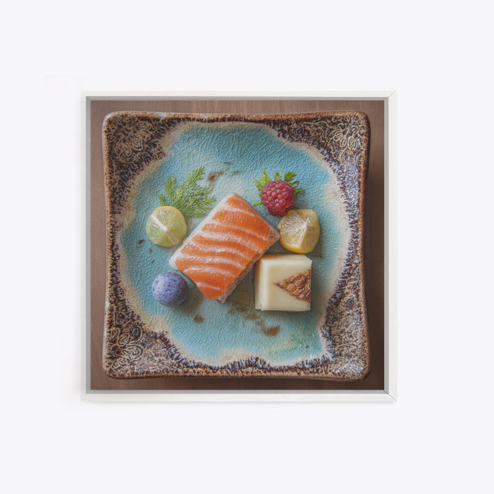 Sushi Fish and Ceramic Plate Composition Framed Canvas Print, Restaurant Art, Textured Painting, Restaurant Decor, Bistro, RES-1x1-53