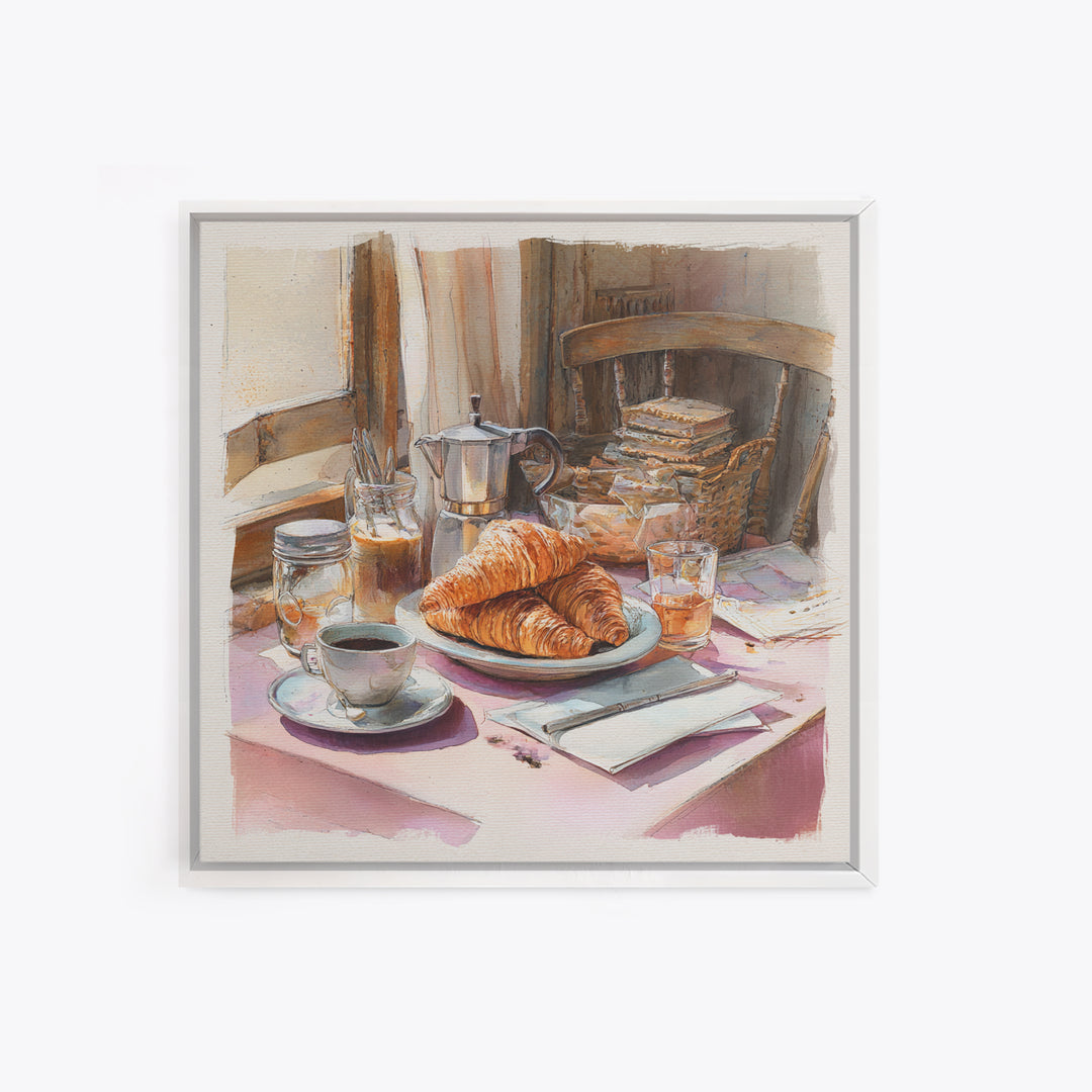 French Bistro Coffee and Croissant Still Life Canvas Print, Restaurant Art, Food Art, Restaurant Decor, Oil Painting, Bistro, RES-1x1-54