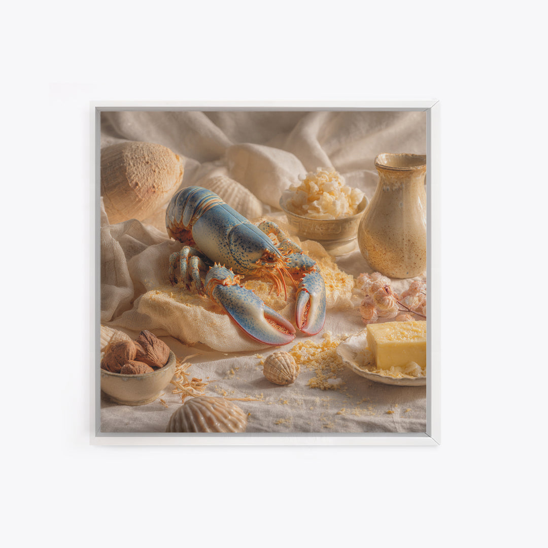 Seafood Lobster and Shell Arrangement Framed Canvas Print, Restaurant Art, Kitchen Decor, Restaurant Decor, Fine Art, Bistro, RES-1x1-56