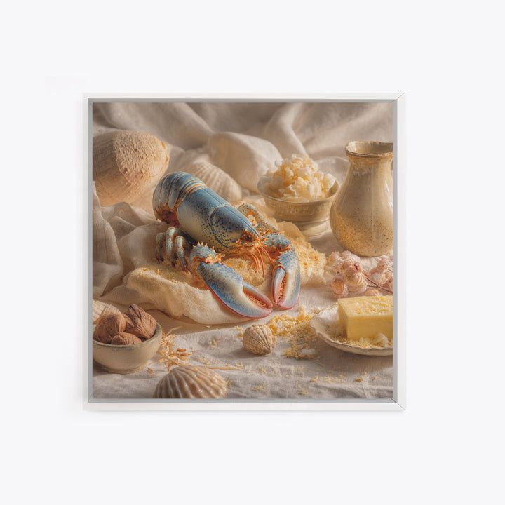Seafood Lobster and Shell Arrangement Framed Canvas Print, Restaurant Art, Kitchen Decor, Restaurant Decor, Fine Art, Bistro, RES-1x1-56