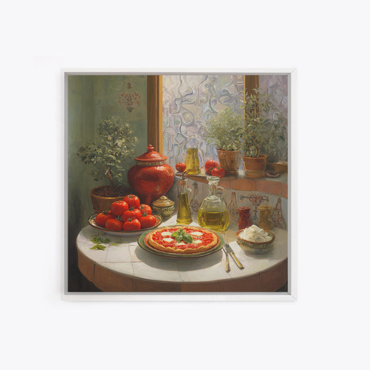 Pizzeria Tomato Basil and Mozzarella Still Life Framed Canvas Print, Restaurant Art, Bar Decor, Restaurant Decor, RES-1x1-58