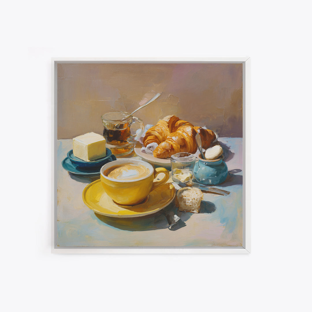 French Bistro Coffee and Croissant Still Life Canvas Print, Restaurant Art, Bedroom Wall Art, Restaurant Decor, Bistro, RES-1x1-6