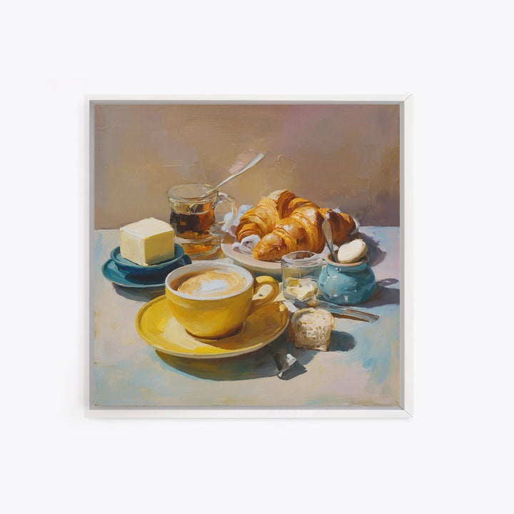 French Bistro Coffee and Croissant Still Life Canvas Print, Restaurant Art, Bedroom Wall Art, Restaurant Decor, Bistro, RES-1x1-6