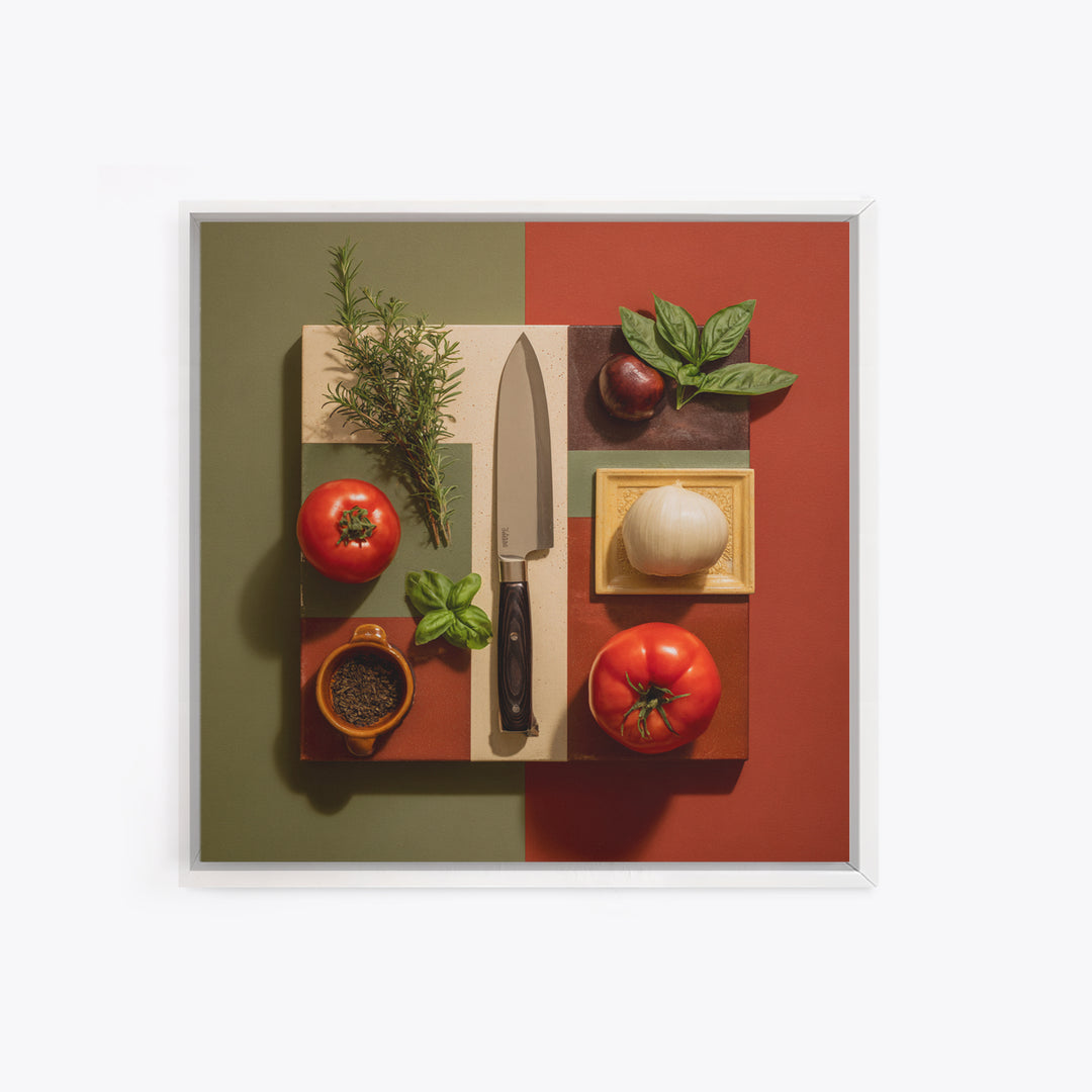 Chef Knife Herbs and Cutting Board Still Framed Canvas Print, Restaurant Art, Boho Decor, Restaurant Decor, Oil Painting, RES-1x1-61