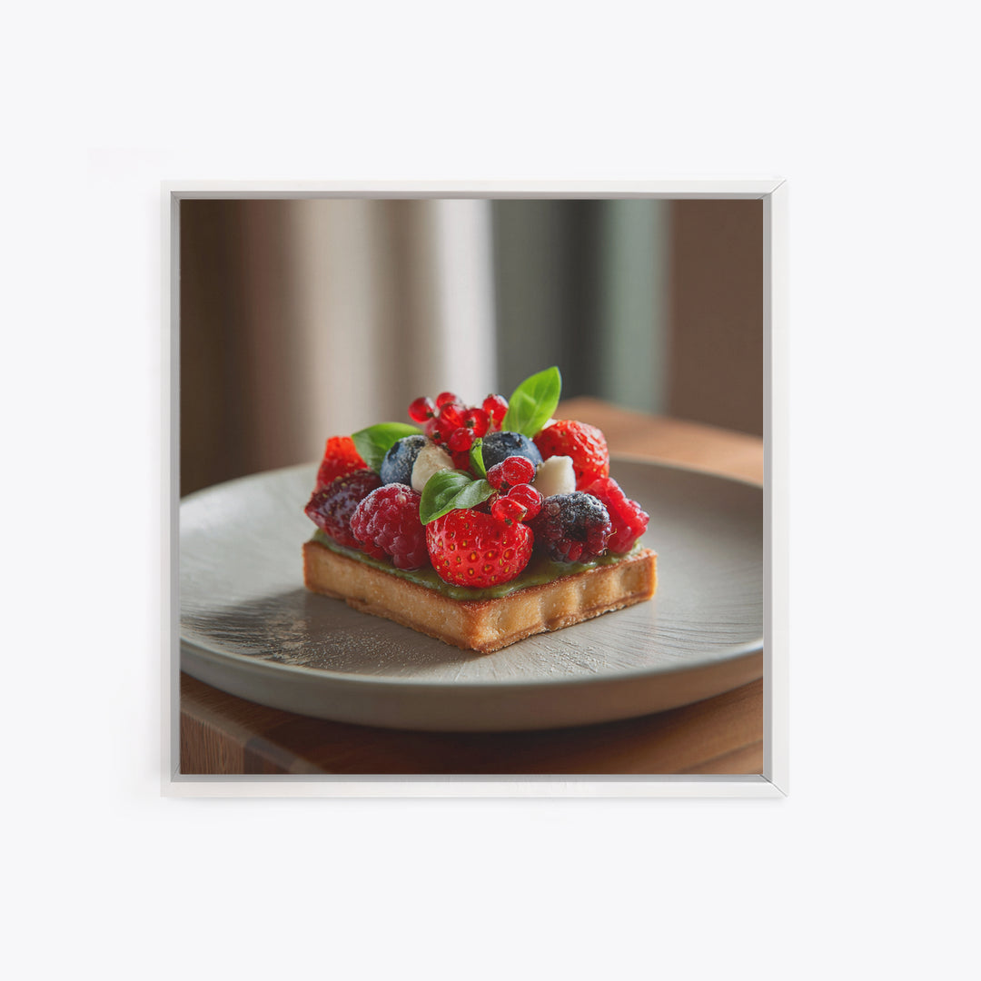Dessert Tart with Berries and Cream Framed Canvas Print, Restaurant Art, Living Room Decor, Restaurant Decor, Fine Art, Bistro, RES-1x1-64