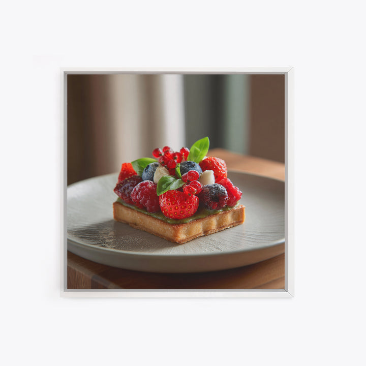 Dessert Tart with Berries and Cream Framed Canvas Print, Restaurant Art, Living Room Decor, Restaurant Decor, Fine Art, Bistro, RES-1x1-64