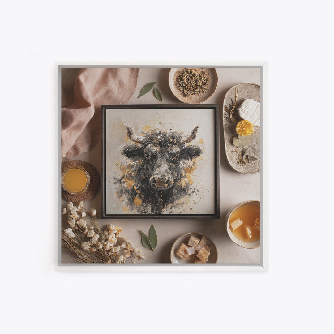 Steakhouse Black and Gold Bull Portrait Framed Canvas Print, Restaurant Art, Digital Print, Restaurant Decor, Fine Art, Bistro, RES-1x1-7