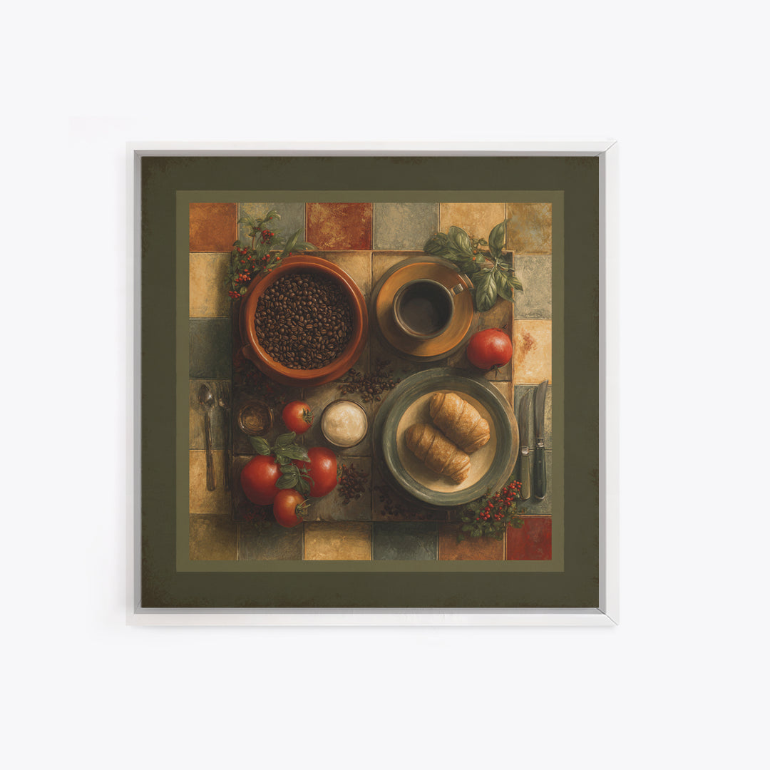Coffee Beans and Pastry Arrangement Framed Canvas Print, Restaurant Art, Stained Glass Art, Restaurant Decor, Fine Art, Bistro, RES-1x1-70
