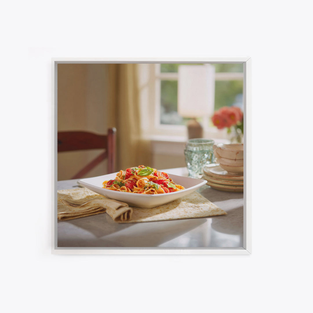 Fresh Pasta with Tomatoes and Basil Framed Canvas Print, Restaurant Art, Fine Art Print, Restaurant Decor, Fine Art, Bistro, RES-1x1-74