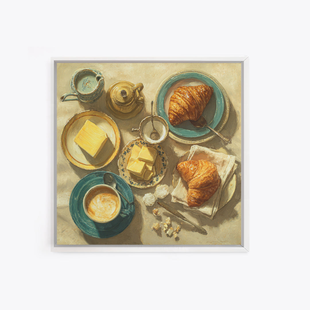 French Bistro Coffee and Croissant Still Life Framed Canvas Print, Restaurant Art, Statement Artwork, Restaurant Decor, Bistro, RES-1x1-78