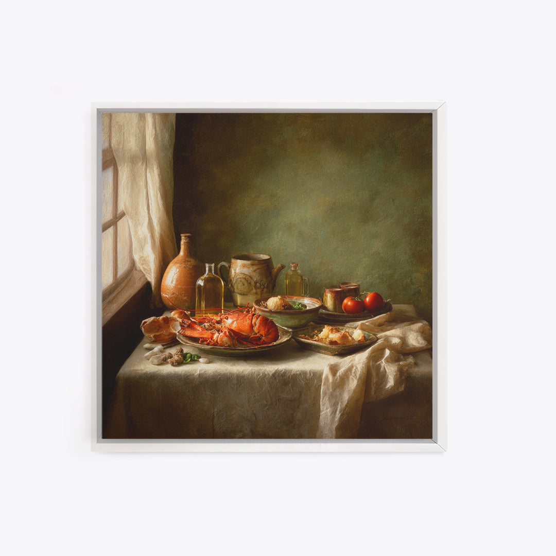 Seafood Lobster and Shell Arrangement Framed Canvas Print, Restaurant Art, Large Wall Art, Restaurant Decor, Fine Art, Bistro, RES-1x1-8