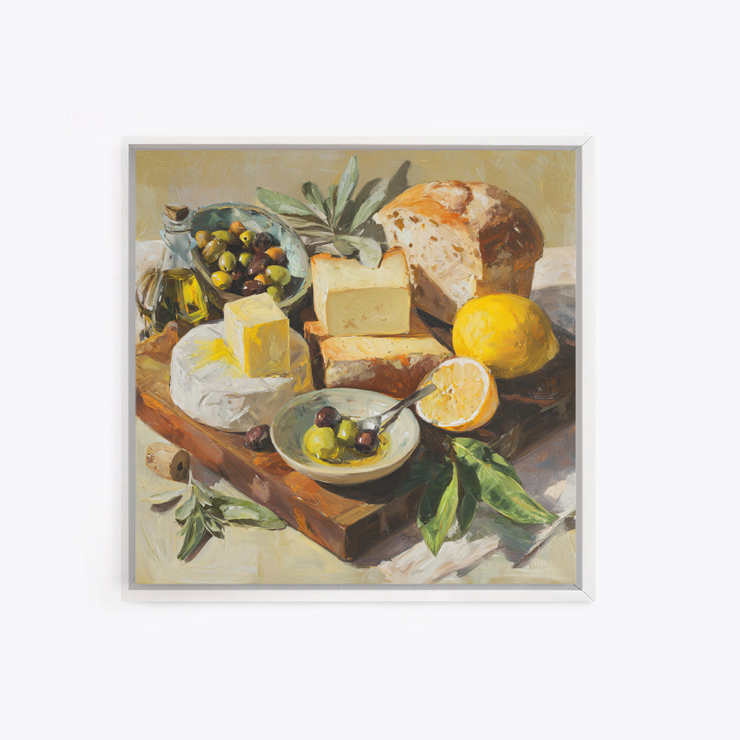 Mediterranean Olives Bread and Cheese Board Canvas Print, Restaurant Art, Wall Decor, Restaurant Decor, Fine Art, Bistro, RES-1x1-81
