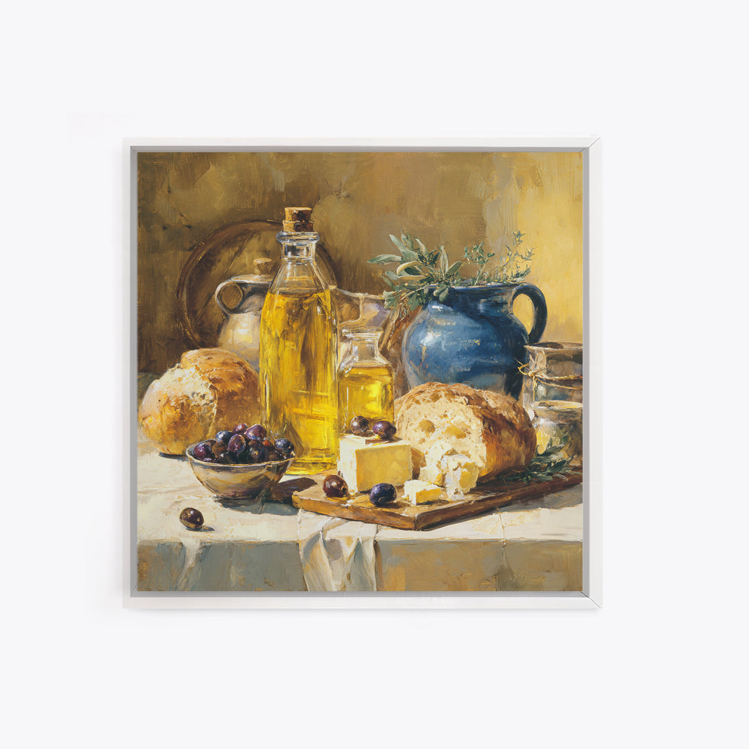 Mediterranean Olives Bread and Cheese Board Canvas Print, Restaurant Art, Statement Artwork, Restaurant Decor, Fine Art, Bistro, RES-1x1-9